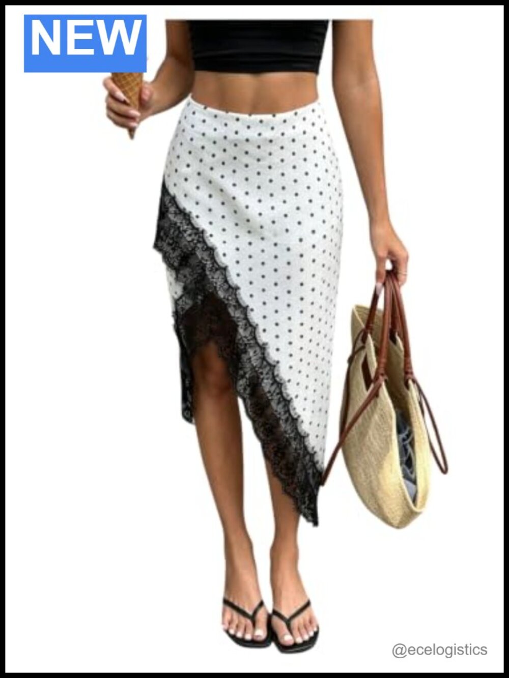 Women's Polka Dot Lace Trim Wrap Skirt with Slit, A-Line Midi